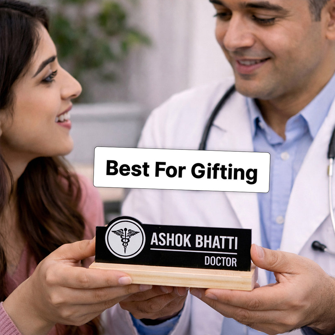 Personalized Doctor Acrylic Name Plate with Wooden Base – Custom Desk Name Stand for Doctors (7 x 3 Inch) | Love Craft Gifts