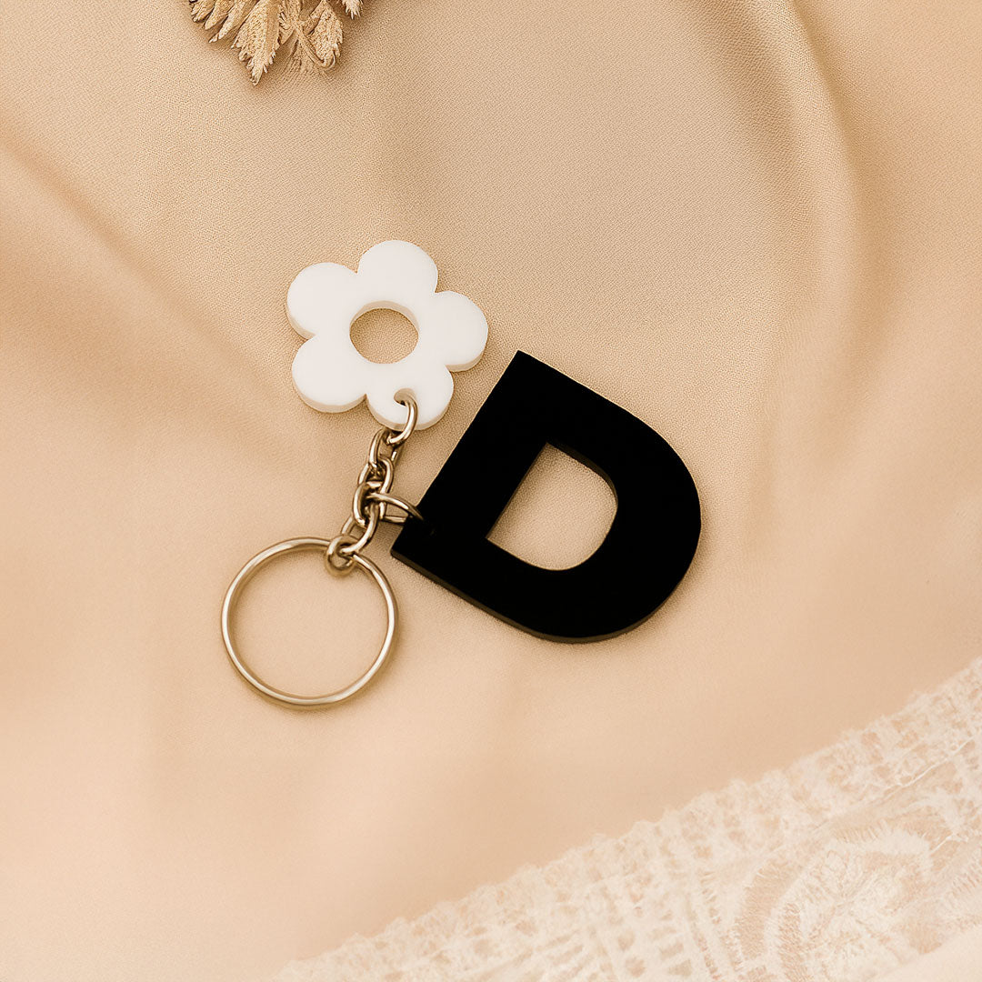 Personalized Flower Ring Acrylic Keychain – Black Initial | Love Craft Gifts