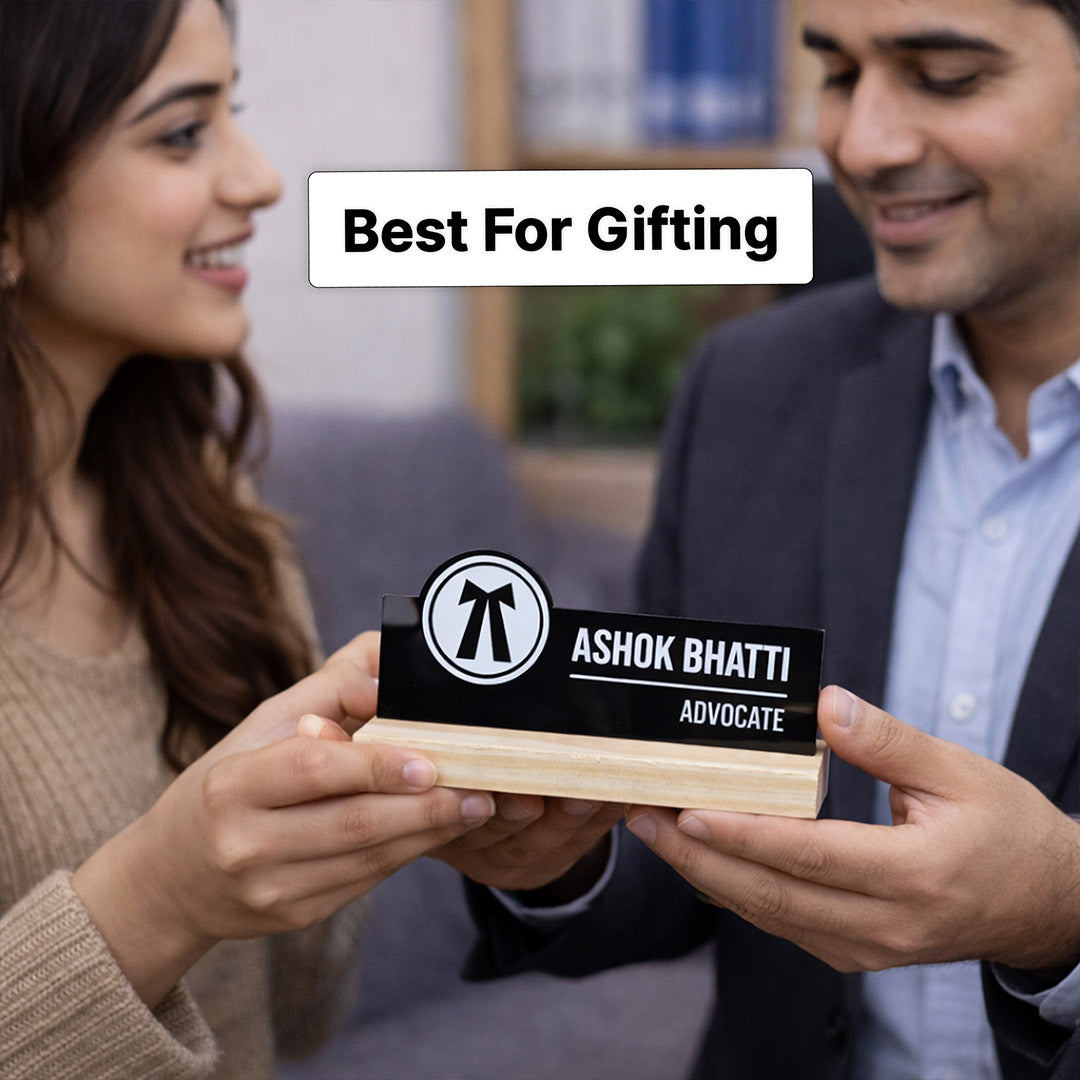 Personalized Advocate Acrylic Name Plate with Wooden Base – Custom Lawyer Desk Name Stand (7 x 3 Inch) | Love Craft Gifts