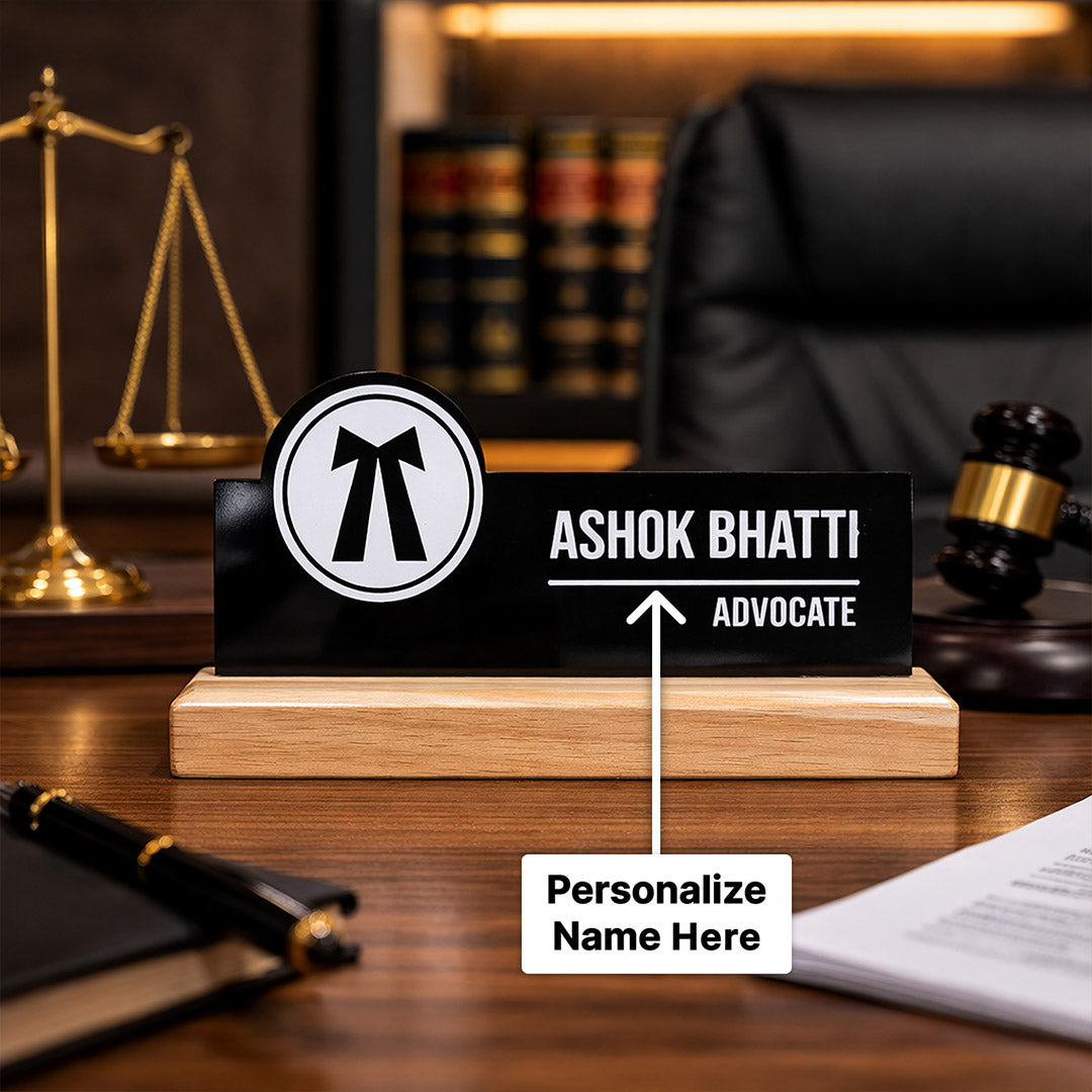 Personalized Advocate Acrylic Name Plate with Wooden Base – Custom Lawyer Desk Name Stand (7 x 3 Inch) | Love Craft Gifts
