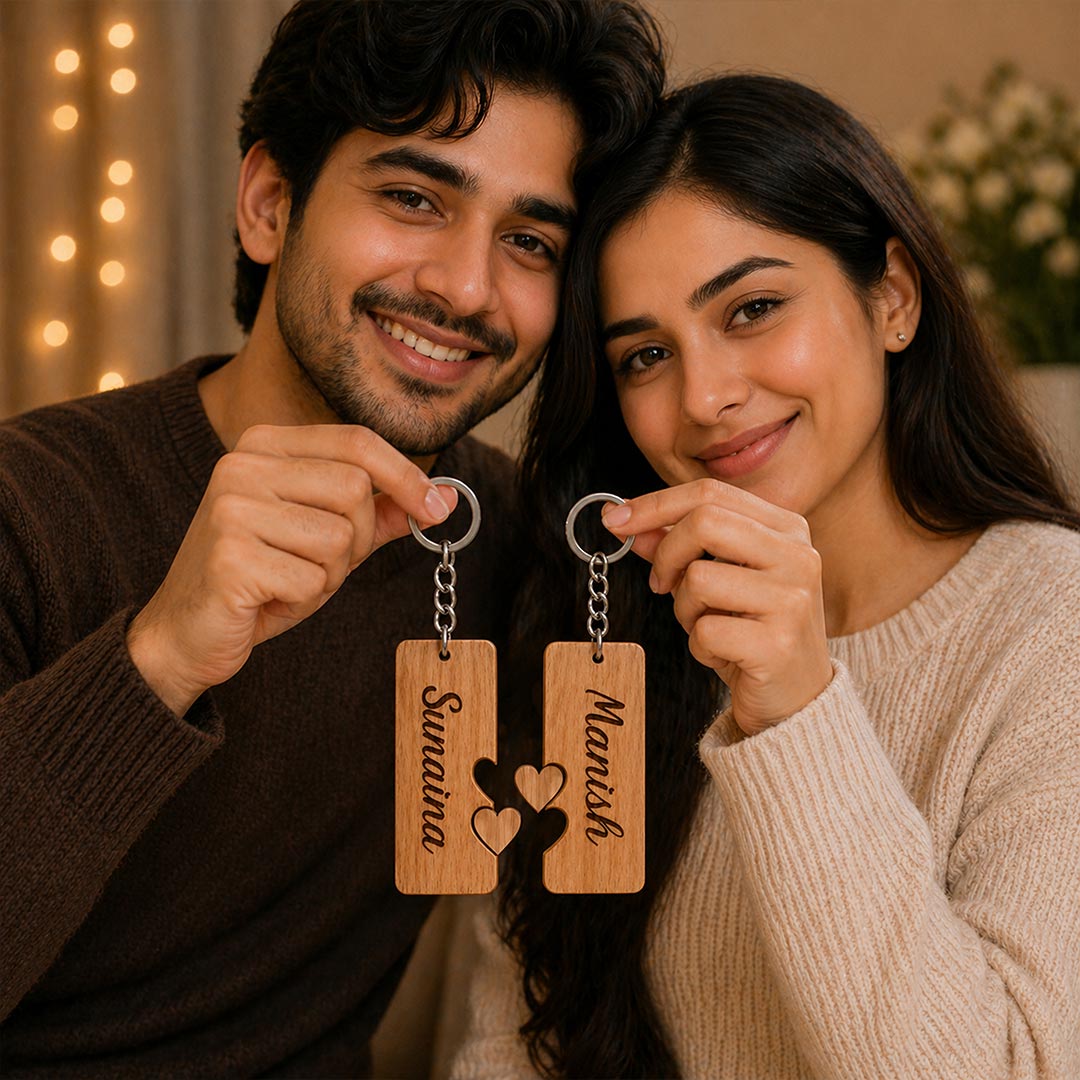 Personalized Couple Wooden Keychain 2.5x2 Inch | Custom Name Matching Heart Keyring Gift for Couples | Love Craft Gifts™