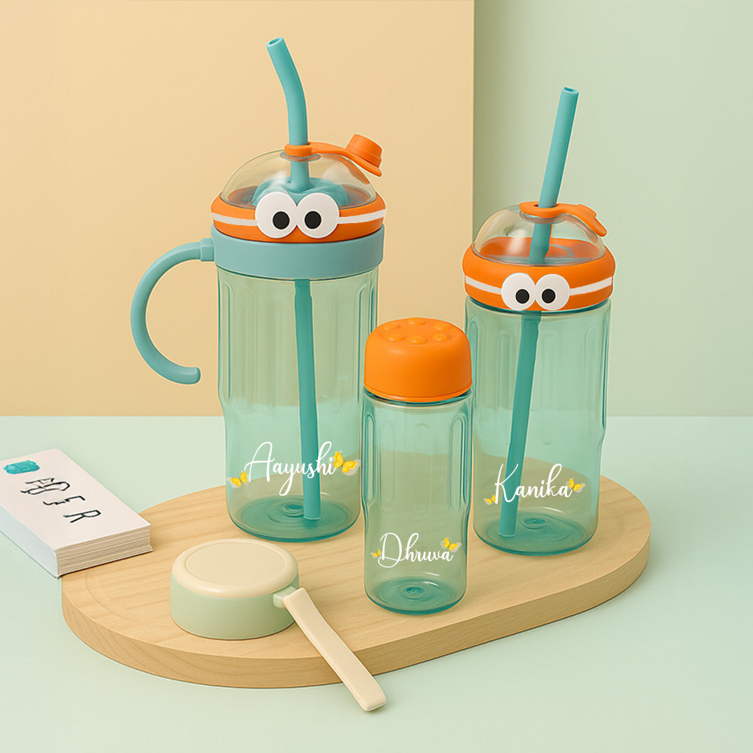 Personalized Cartoon Sipper Bottle with Straw – Aqua Orange | Custom Name | 3 Sizes | Love Craft Gifts