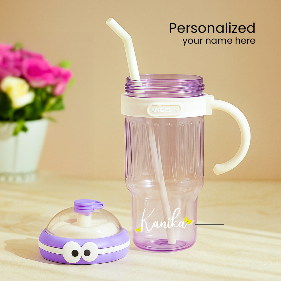 Personalized Cartoon Sipper Bottle – Purple & White | Custom Name | 3 Sizes | Love Craft Gifts