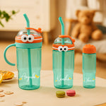 Personalized Cartoon Sipper Bottle with Straw – Aqua Orange | Custom Name | 3 Sizes | Love Craft Gifts