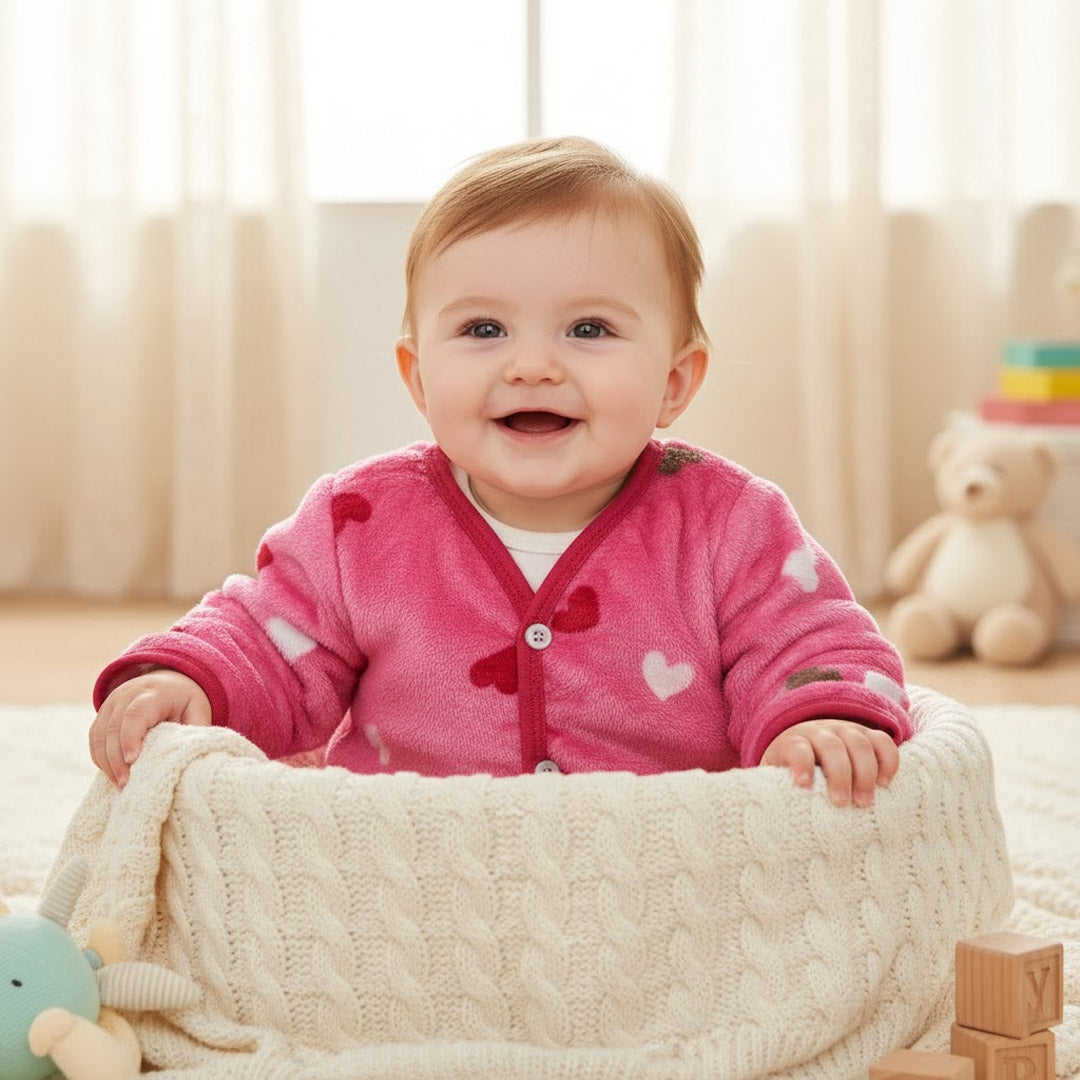 Baby Winter Fleece Set – 4 Pc Warm Wear Combo (Pink Hearts Print)| Love Craft Gifts