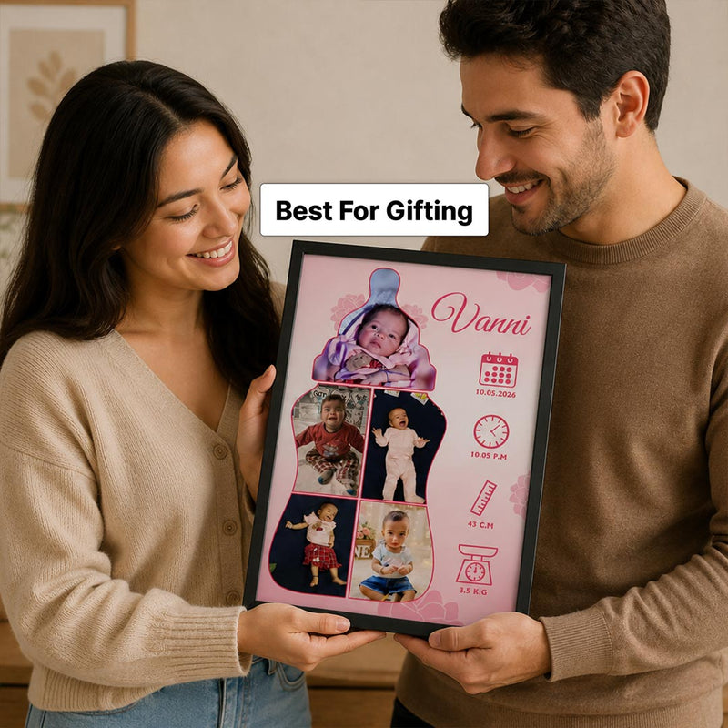 Personalized Baby Milestone Photo Frame with Custom Name & Birth Details | Emotional Newborn Memory Gift for Baby Girls & Parents - Available in All Sizes | Love Craft Gifts™