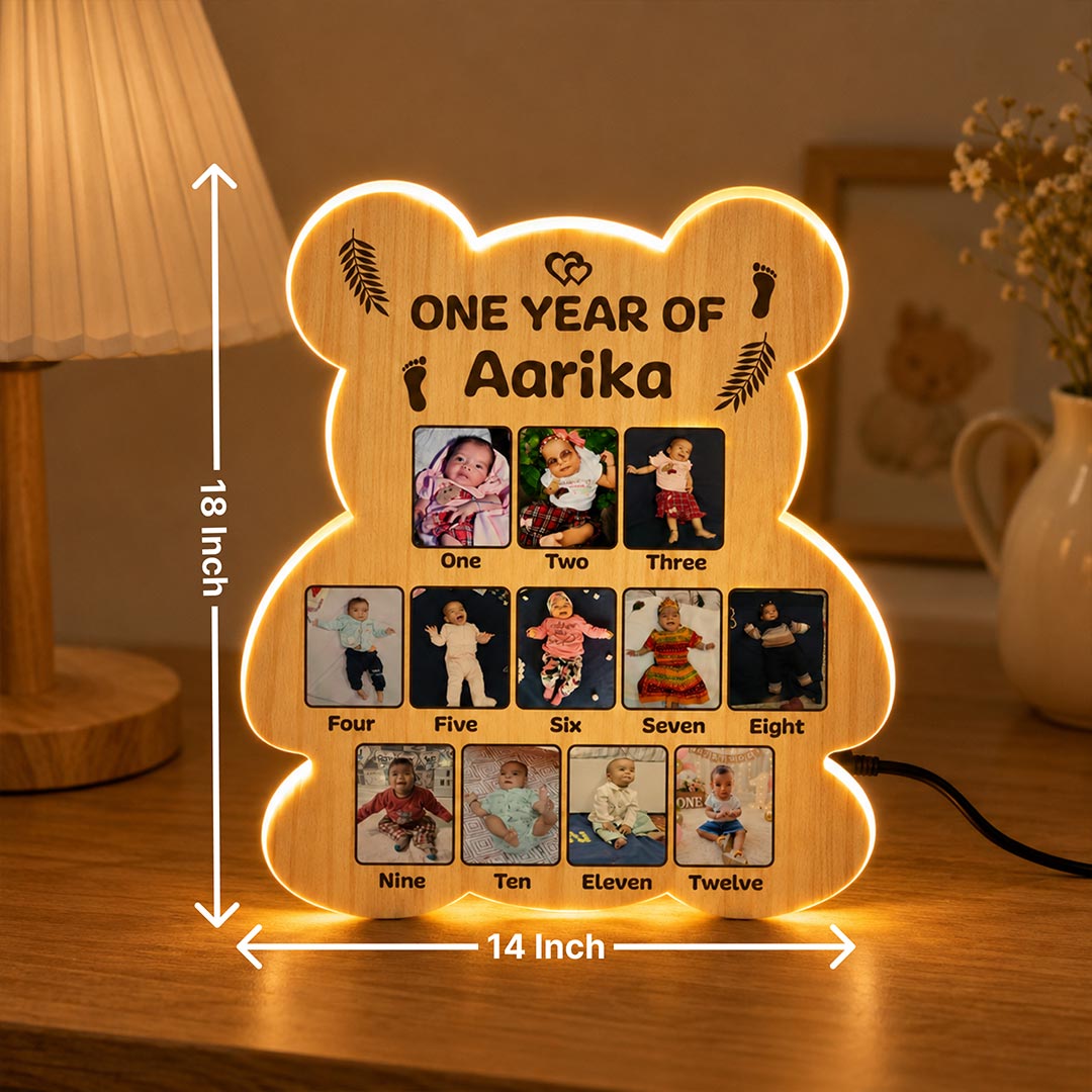 Personalized Baby Monthly Memory LED Wooden Photo Frame with Custom Name & 12 Baby Photos | First Birthday Keepsake Gift for Baby Girls, Boys & Parents - 18x14" | Love Craft Gifts™