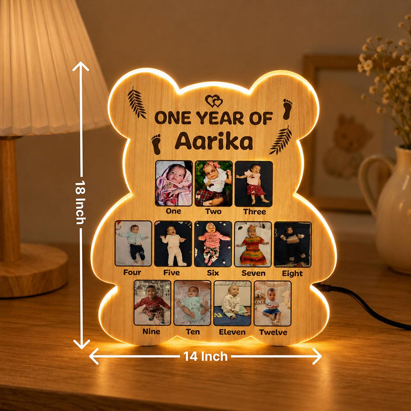 Personalized Baby Monthly Memory LED Wooden Photo Frame with Custom Name & 12 Baby Photos | First Birthday Keepsake Gift for Baby Girls, Boys & Parents - 18x14" | Love Craft Gifts™