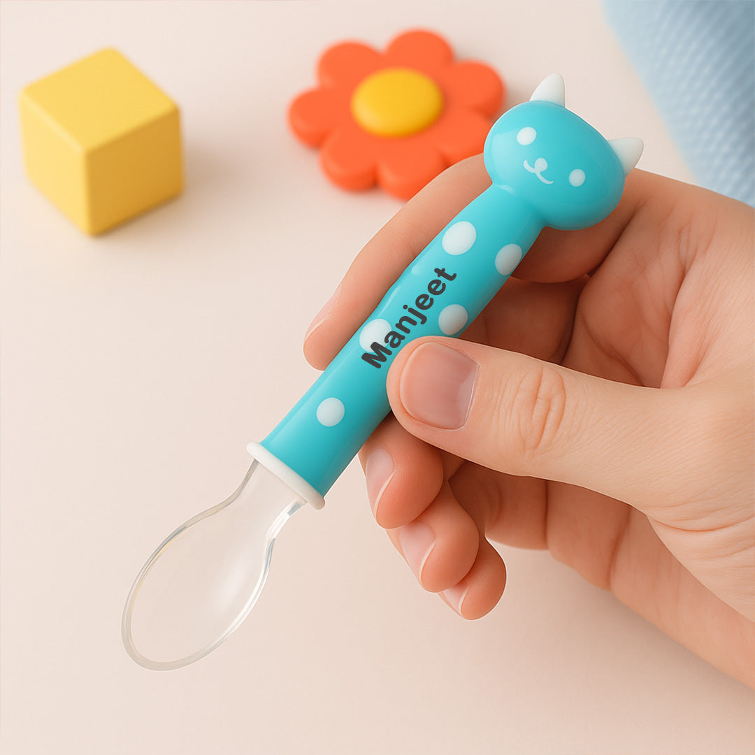 Personalized Baby Feeding Spoon – Blue Polka | Soft Silicone Tip | Custom Name | Love Craft Gifts