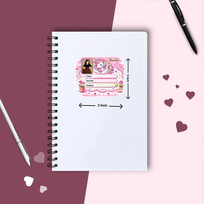 Personalized Sleeping Unicorn Pink Theme Kids Name Slips (2x3 Inch, 28 Stickers) – Custom Name & Photo School Labels | Love Craft Gifts