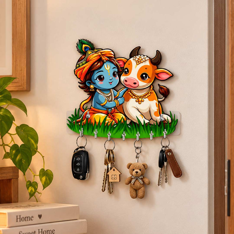 Bal Krishna with Cow Key Holder 6x8" | Decorative Wall Key Organizer | Love Craft Gifts™