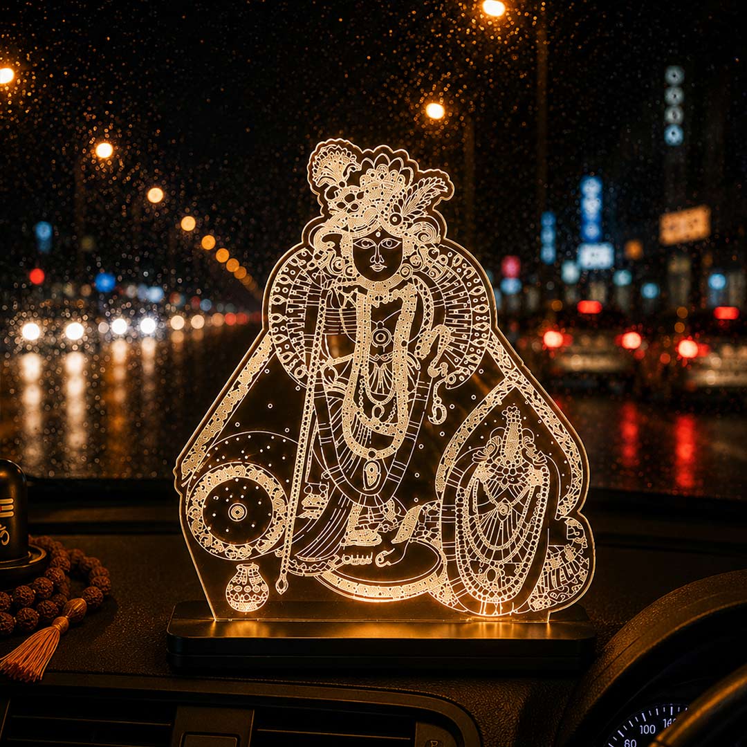 Banke Bihari Car Dashboard LED Acrylic Lamp – Vrindavan Shri Krishna Spiritual Night Light for Car Dashboard, Home Temple Decor & Religious Gift | LoveCraftGifts™