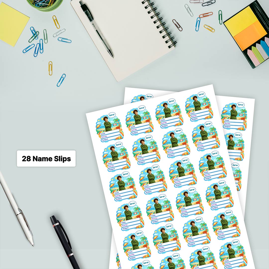 Personalized Beach Summer Theme Kids Name Slips (2x3 Inch, 28 Stickers) – Custom Name & Photo School Labels | Love Craft Gifts