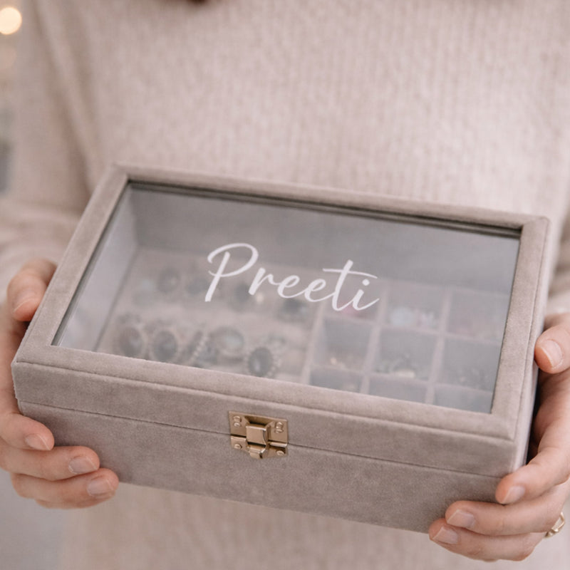Personalized Beige Velvet Jewellery Box for Earrings & Jhumkas | Love Craft Gifts