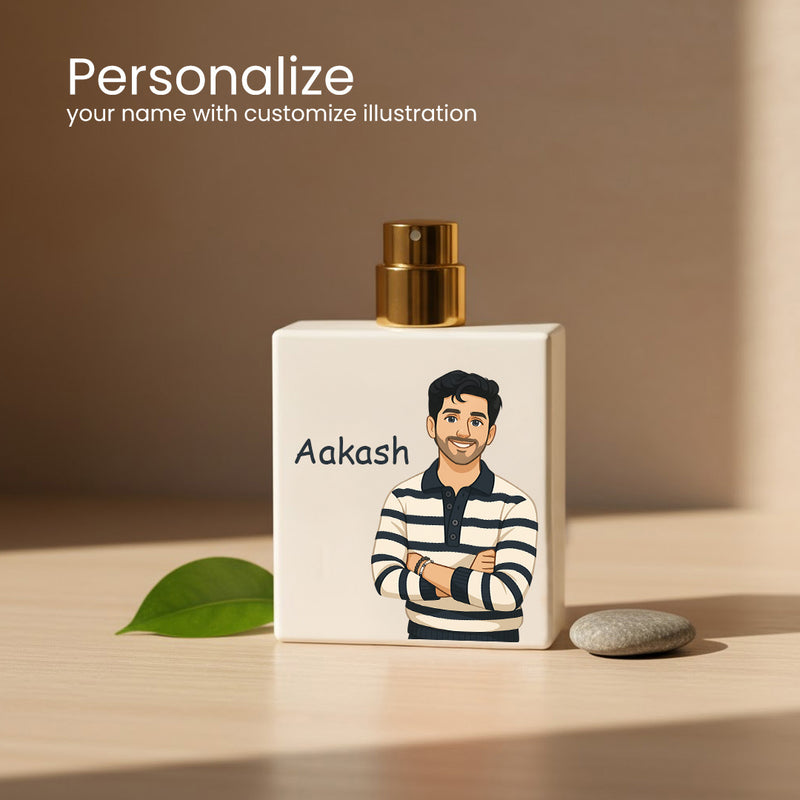 Customized Bellavita White Oud Perfume Bouquet | Personalized with Name & Cartoon Illustration