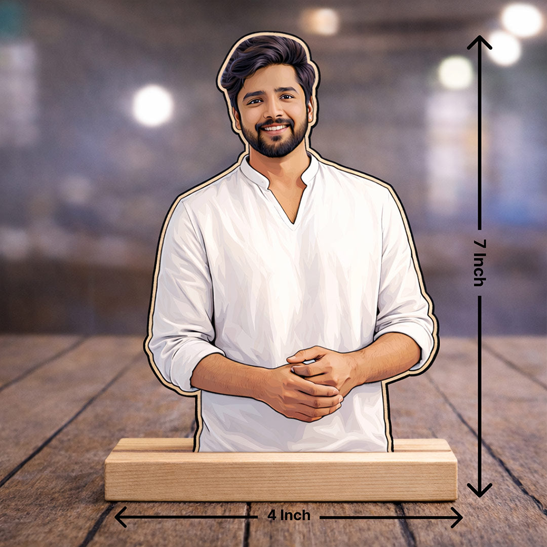 Personalized Cartoon Acrylic Photo Stand for Men with Wooden Base – Custom Picture Cutout Table Top Gift (7x4 Inch) | Love Craft Gifts
