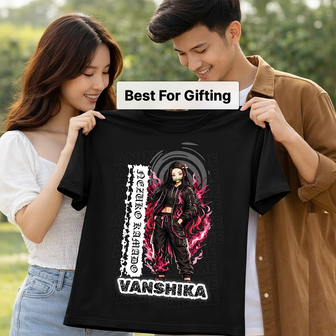 Personalized Nezuko Anime Name T-Shirt for Women – Custom Printed Black Tee | Love Craft Gifts