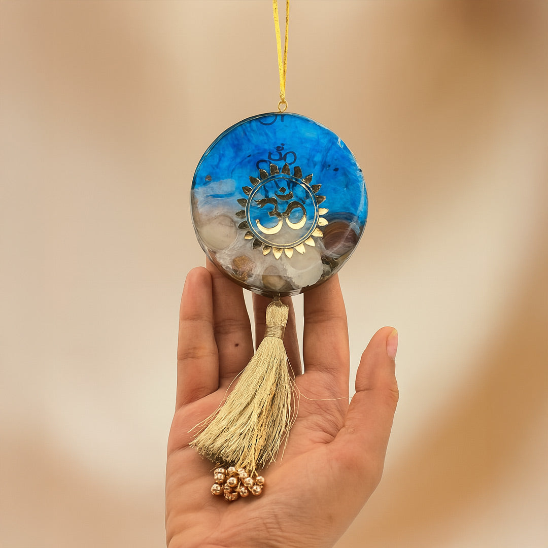 Blue & Gold Om Resin Car Hanger with Pearl Tassel