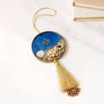 Blue & Gold Om Resin Car Hanger with Pearl Tassel