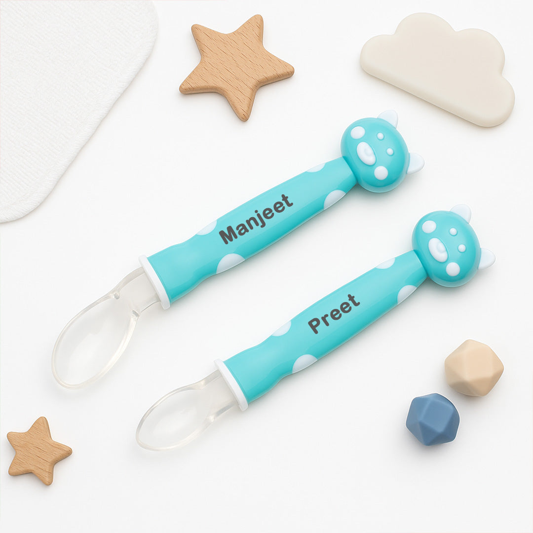 Personalized Baby Feeding Spoon – Blue Polka | Soft Silicone Tip | Custom Name | Love Craft Gifts