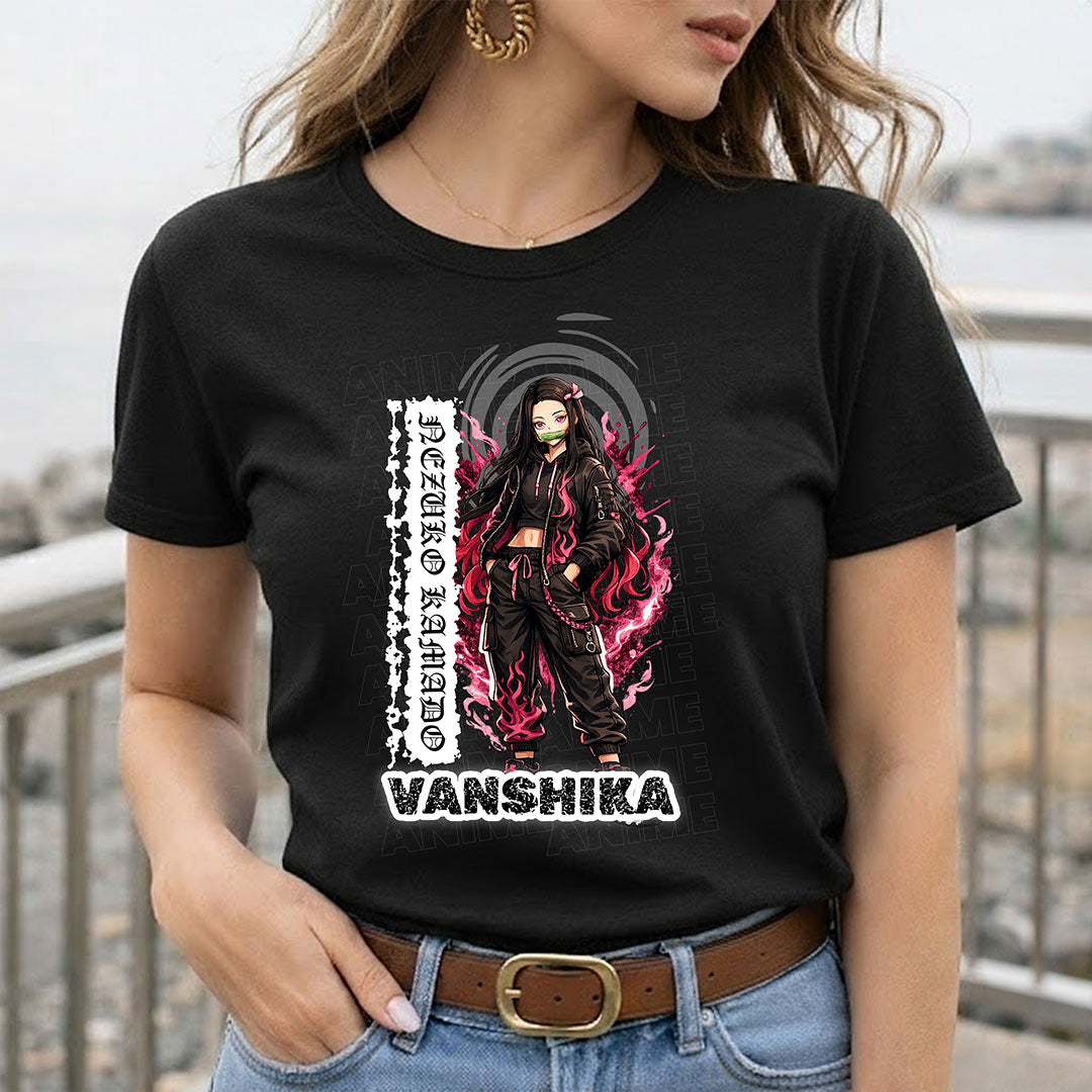 Personalized Nezuko Anime Name T-Shirt for Women – Custom Printed Black Tee | Love Craft Gifts