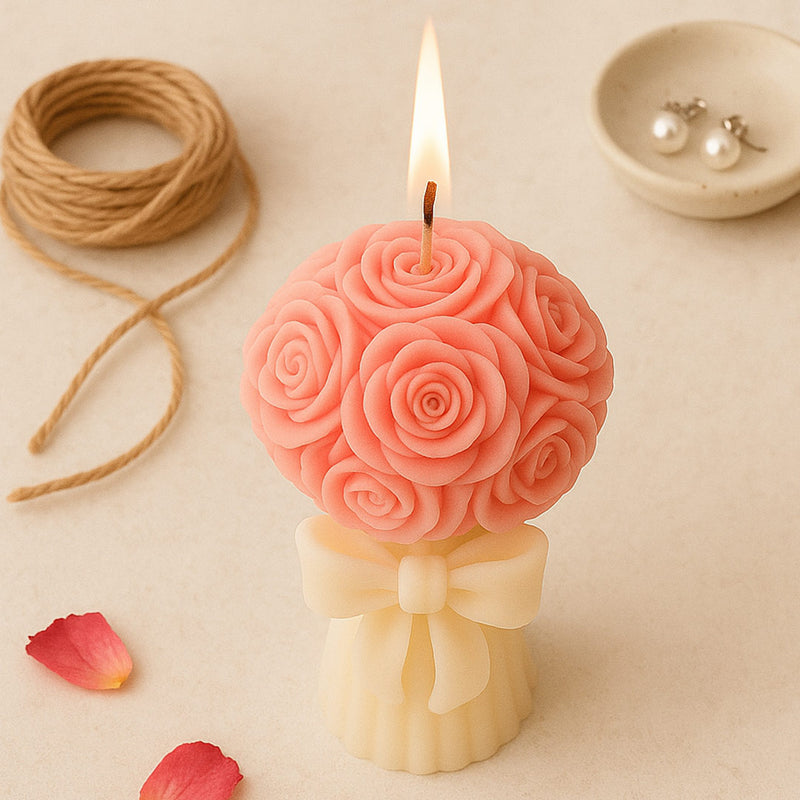 Pink Rose Bouquet Scented Candle – Handcrafted Floral Wax Gift with Bow Base | Love Craft Gifts