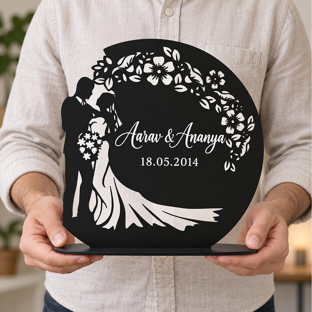 Bride Groom Silhouette Table Stand with Names & Date | Love Craft Gifts™