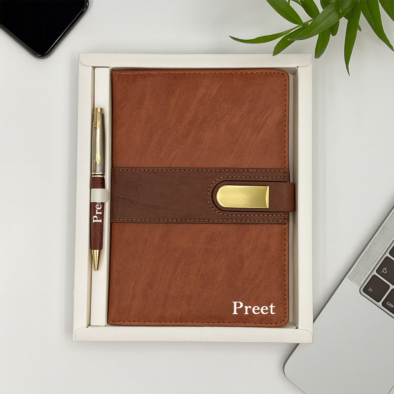 Brown Personalized Diary & Pen Gift Set – Engraved Combo for Professionals & Gifting  | Love Craft Gifts 