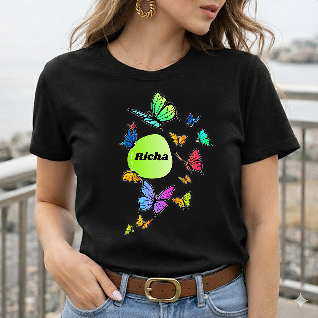 Personalized Butterfly Name Print Black T-Shirt – Custom Name Unisex Tee | Love Craft Gifts
