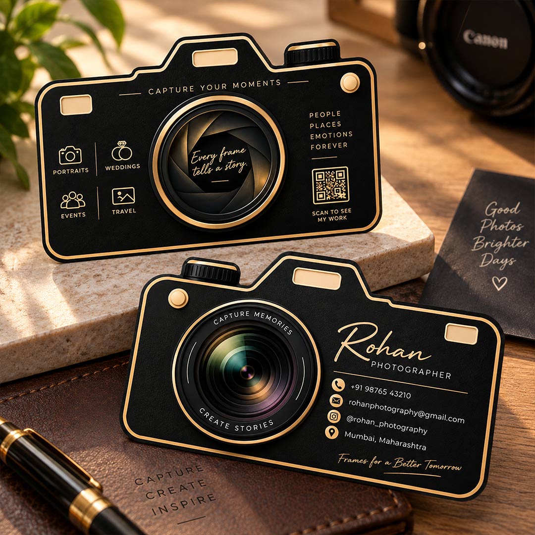 Camera Shaped Visiting Card | Custom Name & Business Details | Black Acrylic
