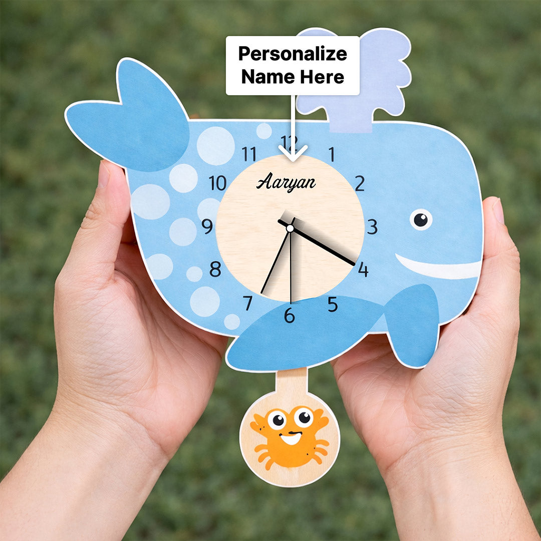 Personalized Whale Kids Wall Clock – Custom Name Cartoon Animal Wall Clock (12 × 14 Inch) | Love Craft Gifts