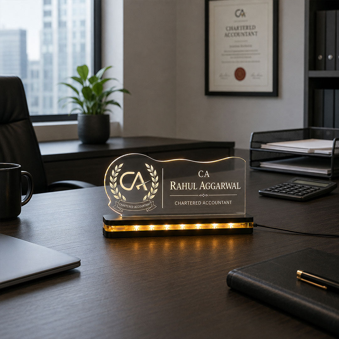 Chartered Accountant LED Acrylic Name Plate | Personalized CA Desk Display