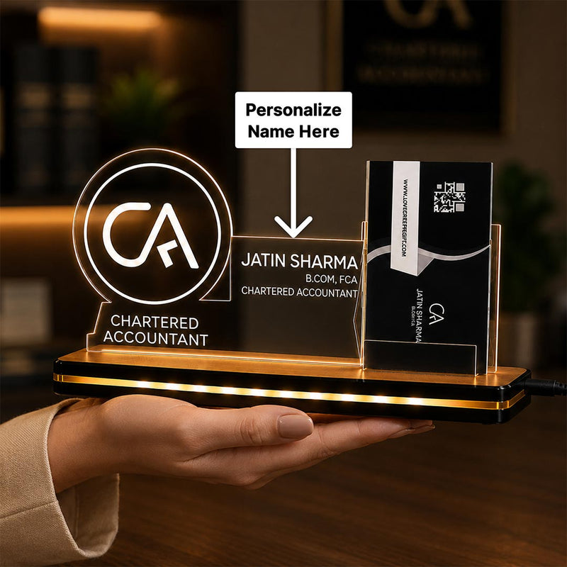 Personalized Chartered Accountant LED Acrylic Business Card Holder with Name | Custom CA Office Desk Name Plate with Card Stand 8 x 6 Inch | Professional Gift for CA, Tax Consultant & Finance Experts | Love Craft Gifts™