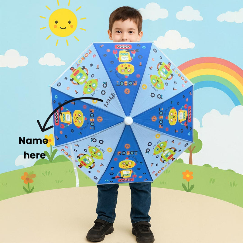 Custom Robot-Themed Kids Umbrella with Name Print – Blue | Love Craft Gifts