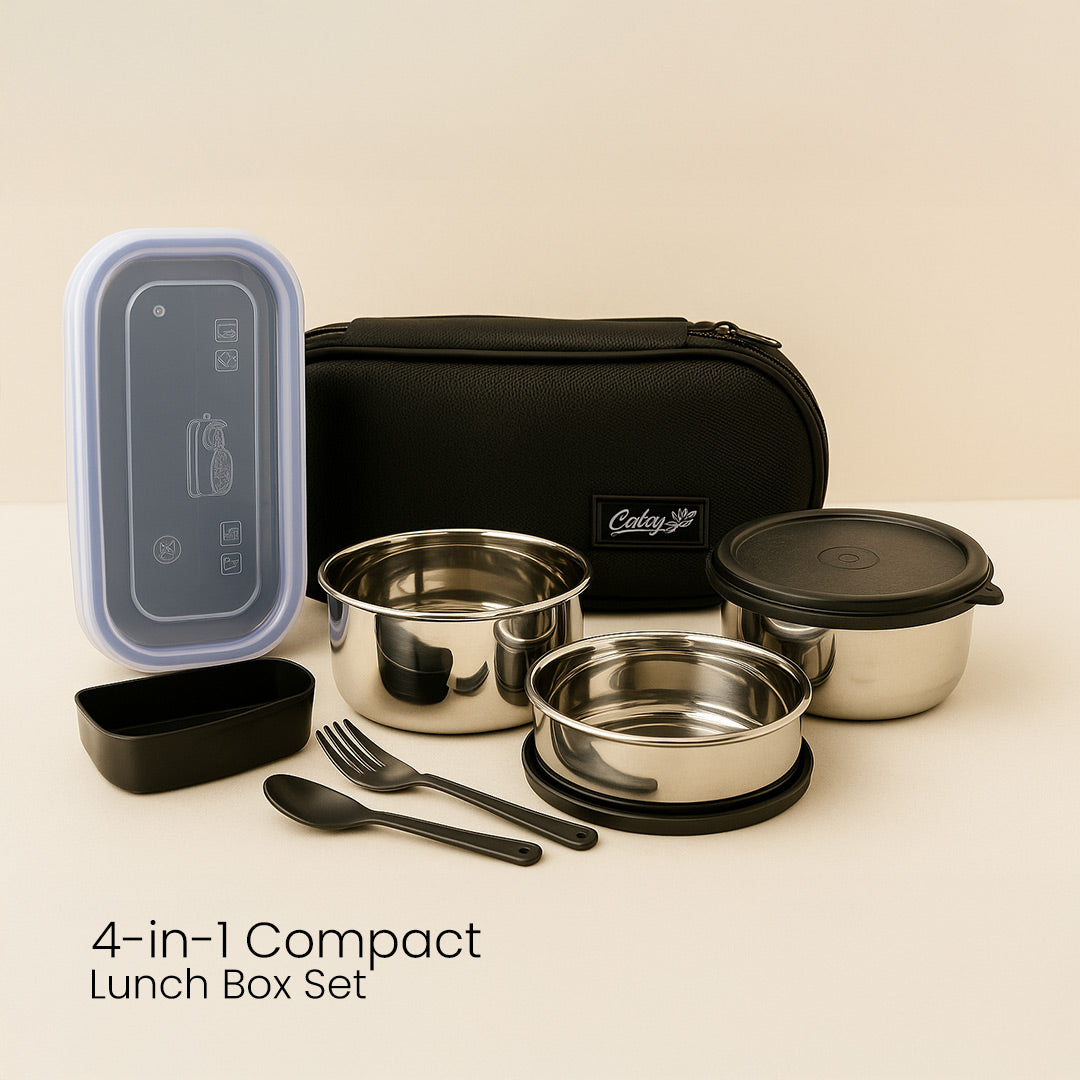 4-in-1 Compact Stainless Steel Lunch Box Set with Spoon, Fork & Pouch – Office & School Use| Love Craft Gifts