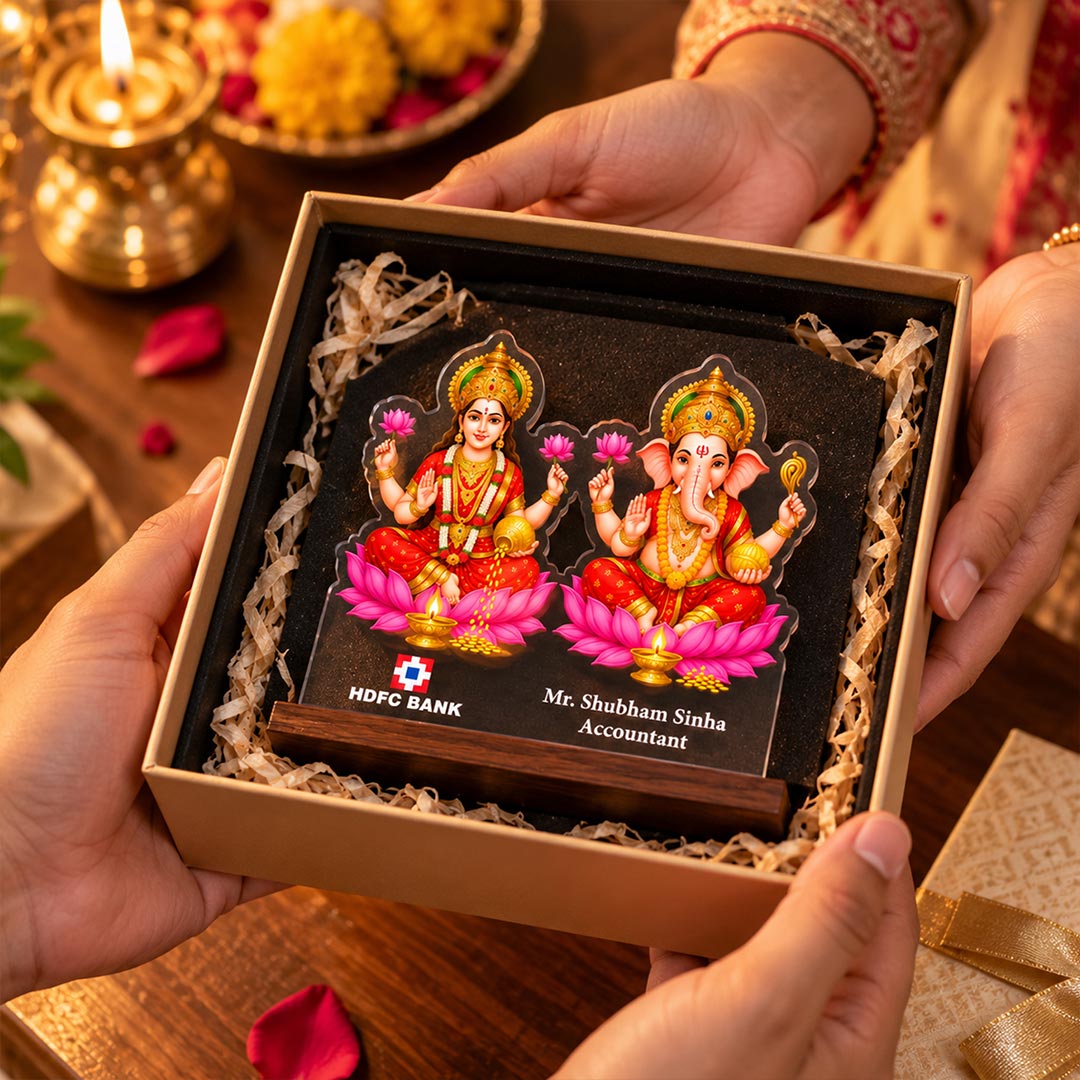 Corporate Diwali Acrylic Gift with Logo | Personalized Lakshmi Ganesha Tabletop Décor