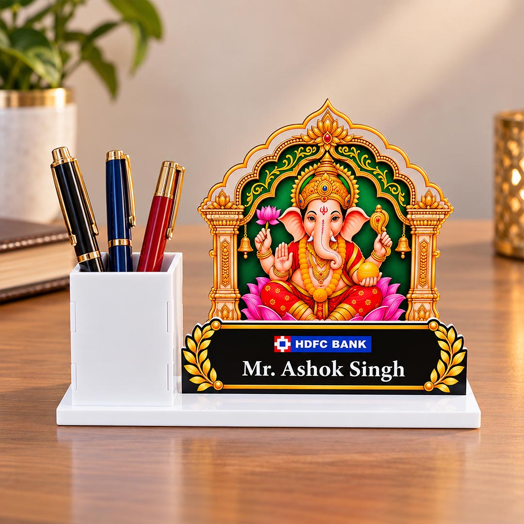 Corporate Lord Ganesha Diwali Gift | Personalized White Acrylic Pen Stand