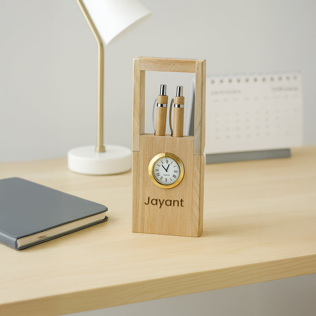 Personalized Wooden Clock Pen Stand with 2 Pens | Love Craft Gifts