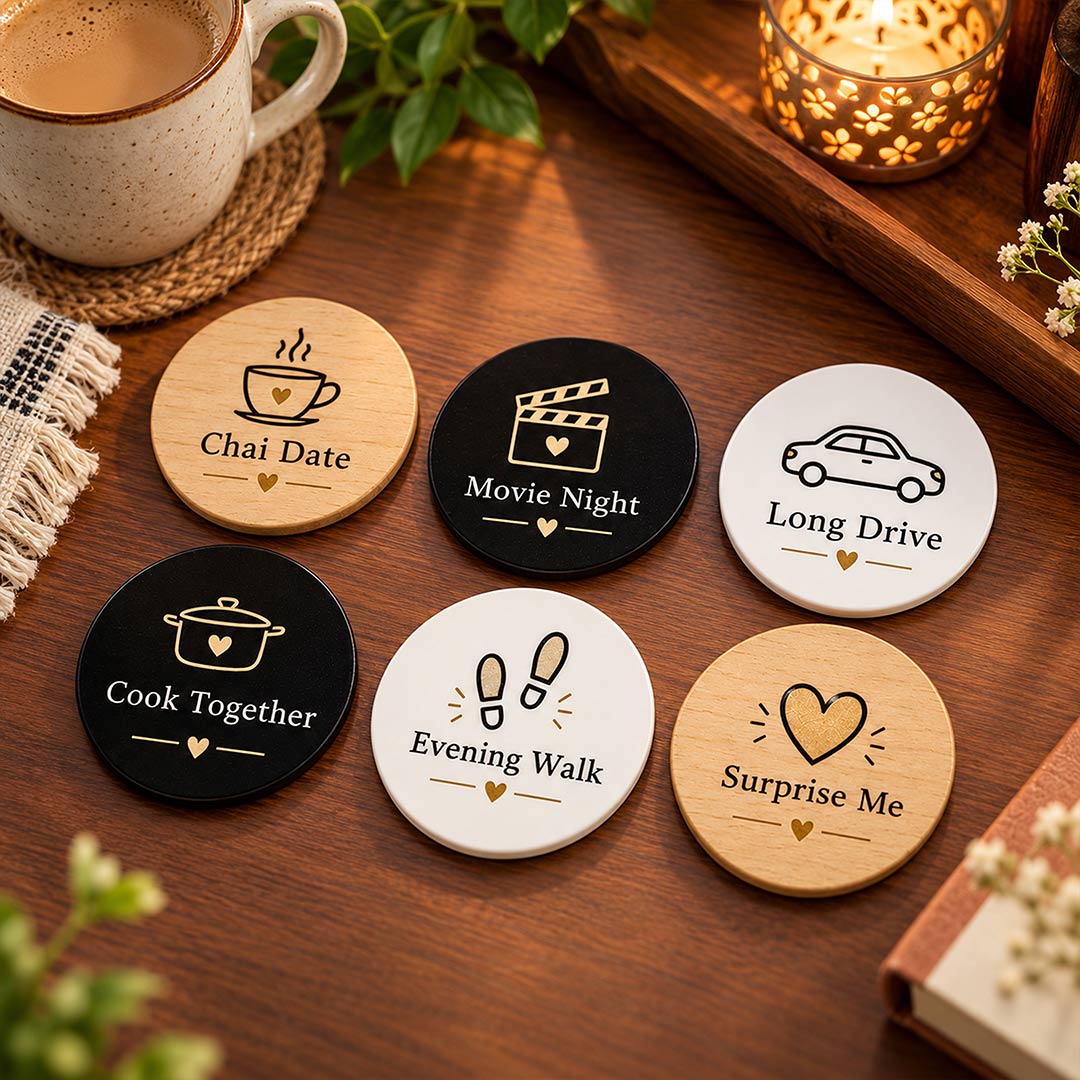 Couple Activity Tea Coaster Set of 6 3.5x3.5" | Wooden & Acrylic Date Night Gift | Love Craft Gifts™