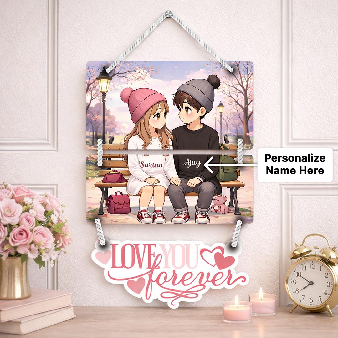 Personalized Anime Couple Love Forever Wall Hanging (9x14 Inch) – Custom Name Wooden Decor | Love Craft Gifts
