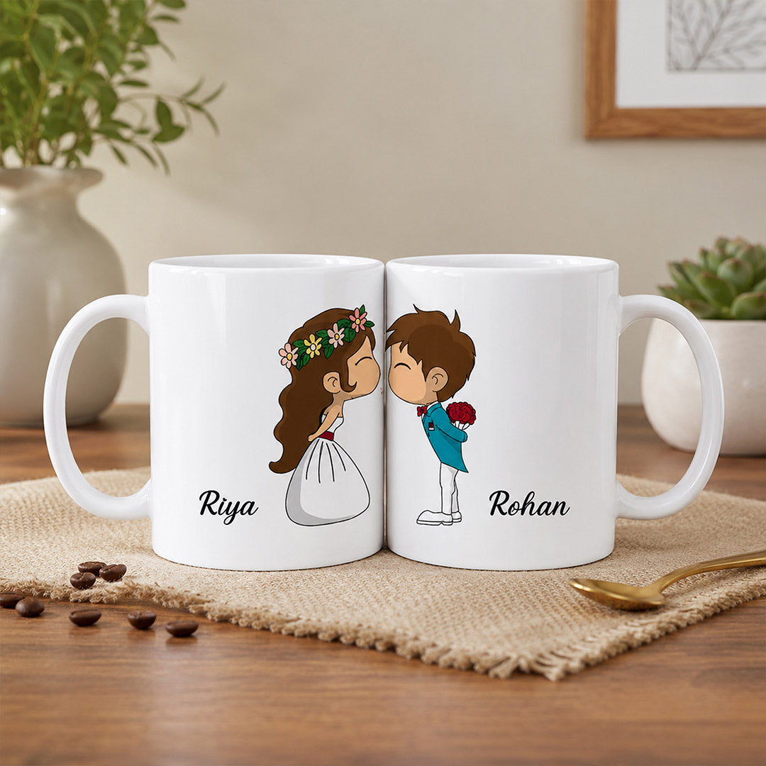 Personalized Couple Cartoon Name Mug Set 250ml | Custom His & Her Ceramic Coffee Mug with Names | Cute Romantic Gift for Anniversary, Valentine, Wedding & Couples | Love Craft Gifts™