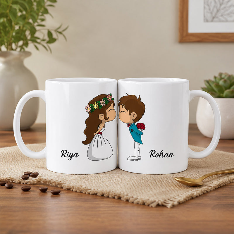 Personalized Couple Cartoon Name Mug Set 250ml | Custom His & Her Ceramic Coffee Mug with Names | Cute Romantic Gift for Anniversary, Valentine, Wedding & Couples | Love Craft Gifts™