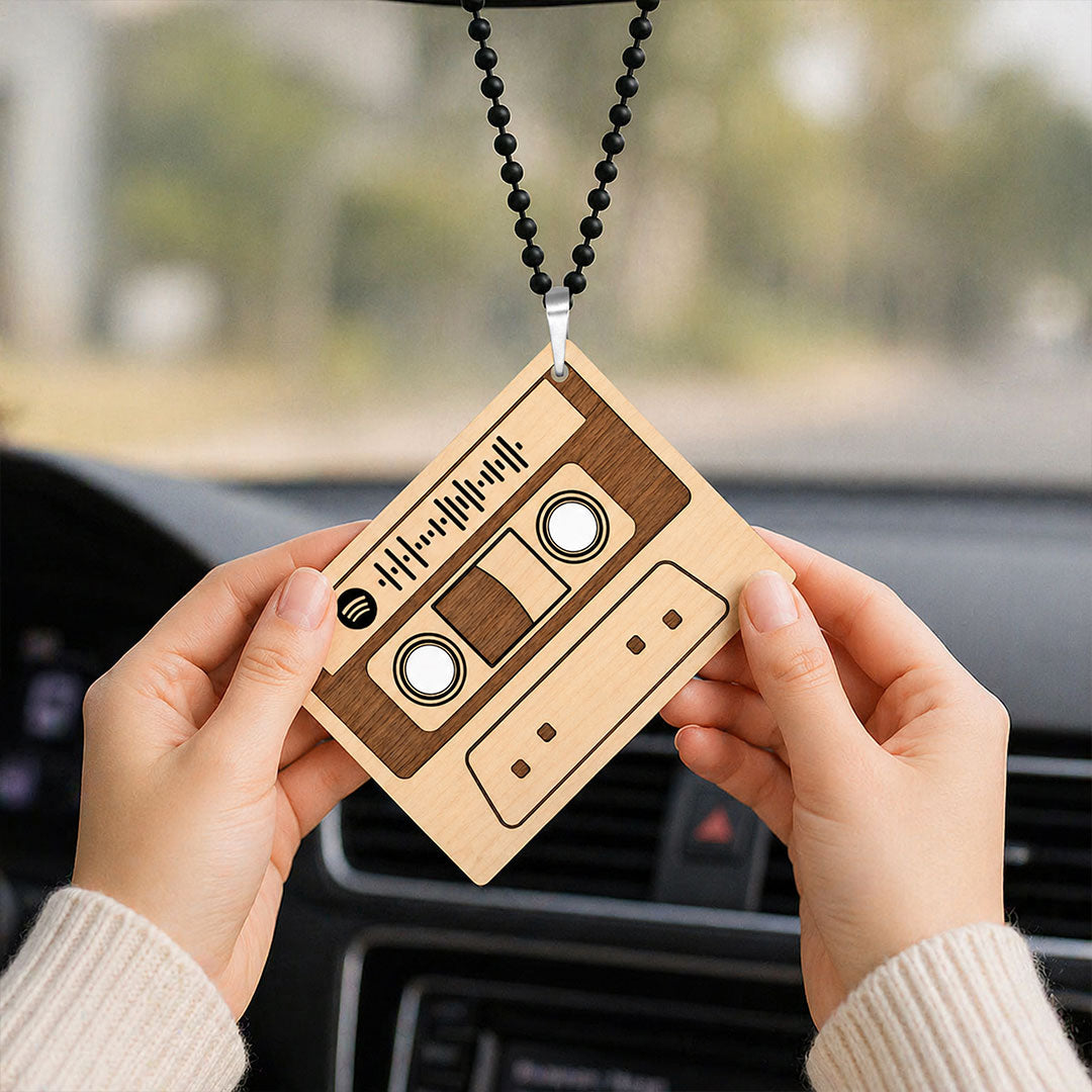 Personalized Cassette Wooden Spotify Car Hanging | Custom Song Car Mirror Hanging Gift for Couples, Boyfriend & Girlfriend - 3x2" | Love Craft Gifts™