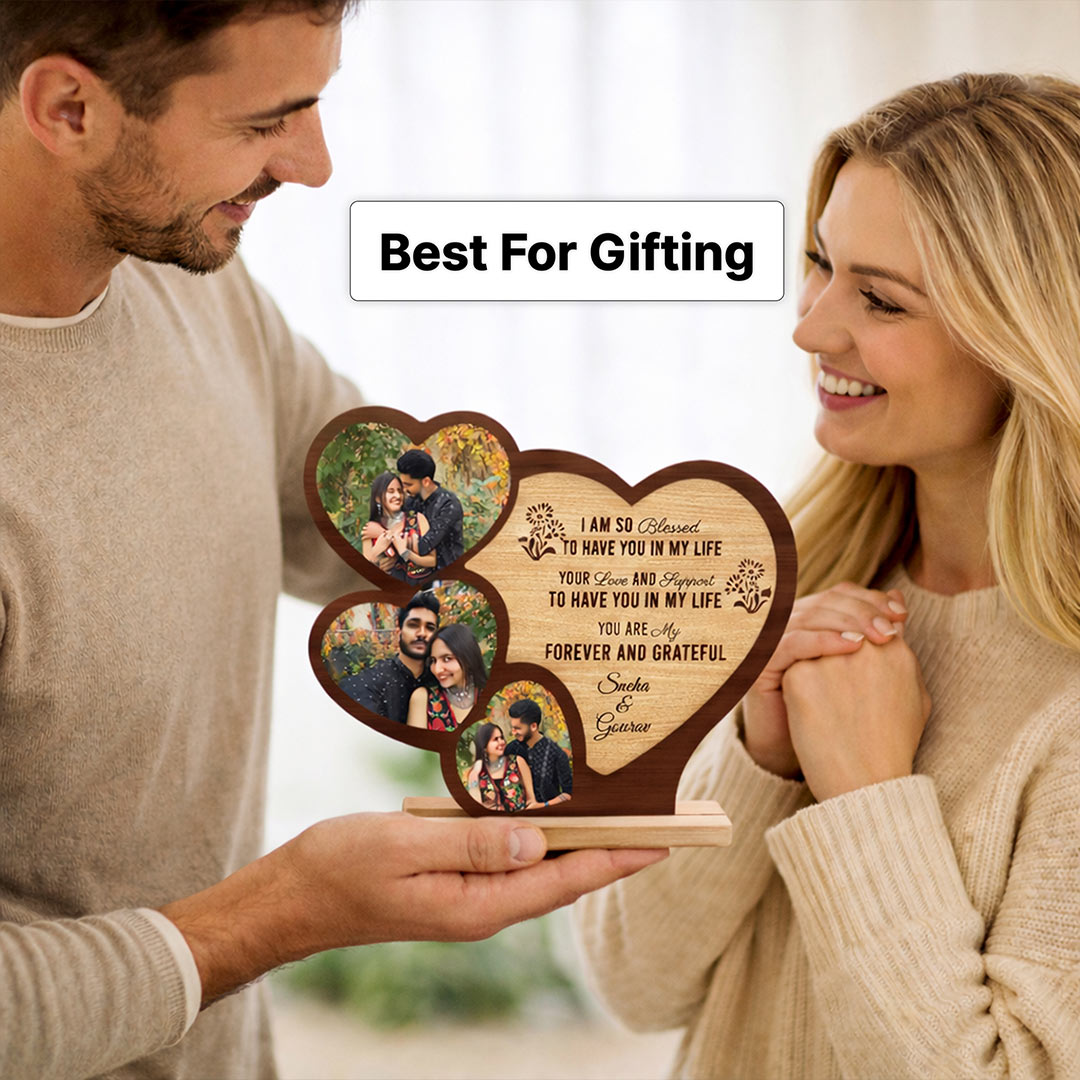 Personalized Couple Heart Photo Frame – Custom Love Message Wooden Frame (7×6 Inch) | Love Craft Gifts