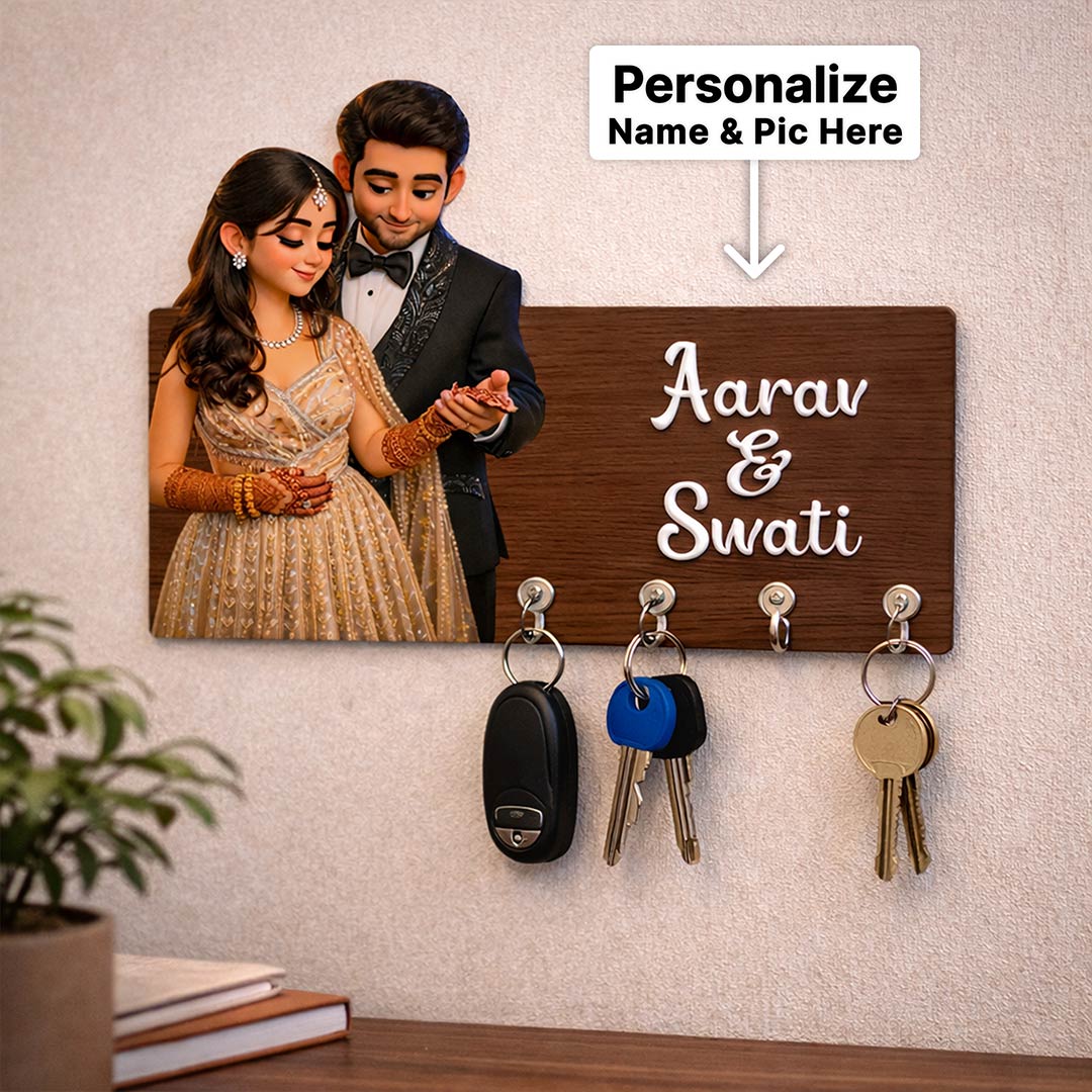 Personalized Couple Photo Wooden Key Holder with Name – Custom Wall Key Hanger (7 x 5 Inch) | Love Craft Gifts