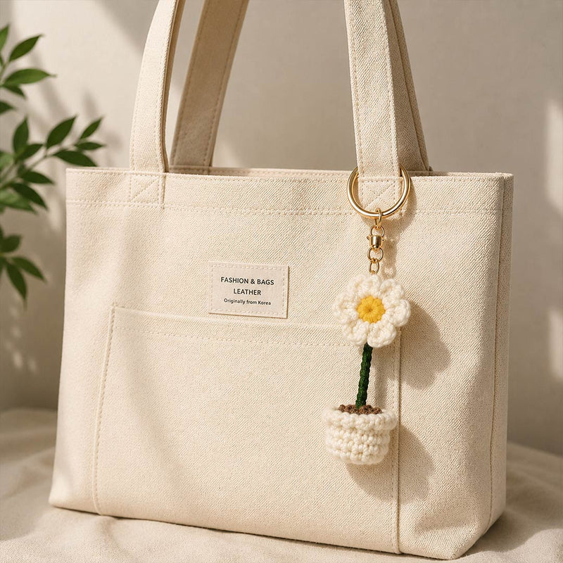 Crochet Daisy Flower Pot Keychain | Cute Handmade-Style Floral Bag Charm for Girls & Women | Handbag & Backpack Accessory | Love Craft Gifts™