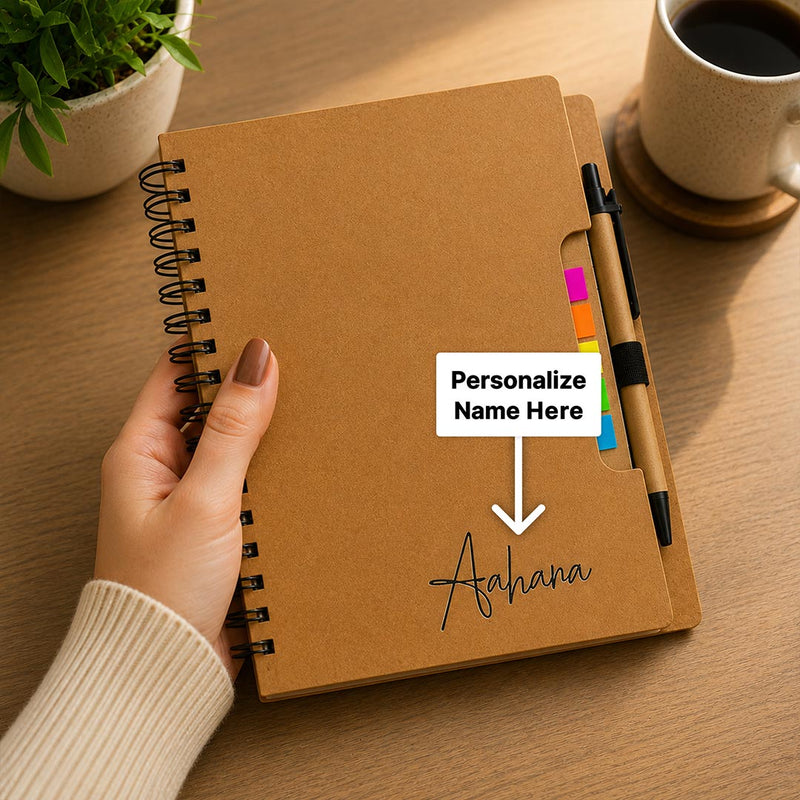Personalized Spiral Notebook with Pen & Sticky Notes | Custom Name Engraved A5 Journal for Office, Study & Daily Planning - 7x5" | Love Craft Gifts™