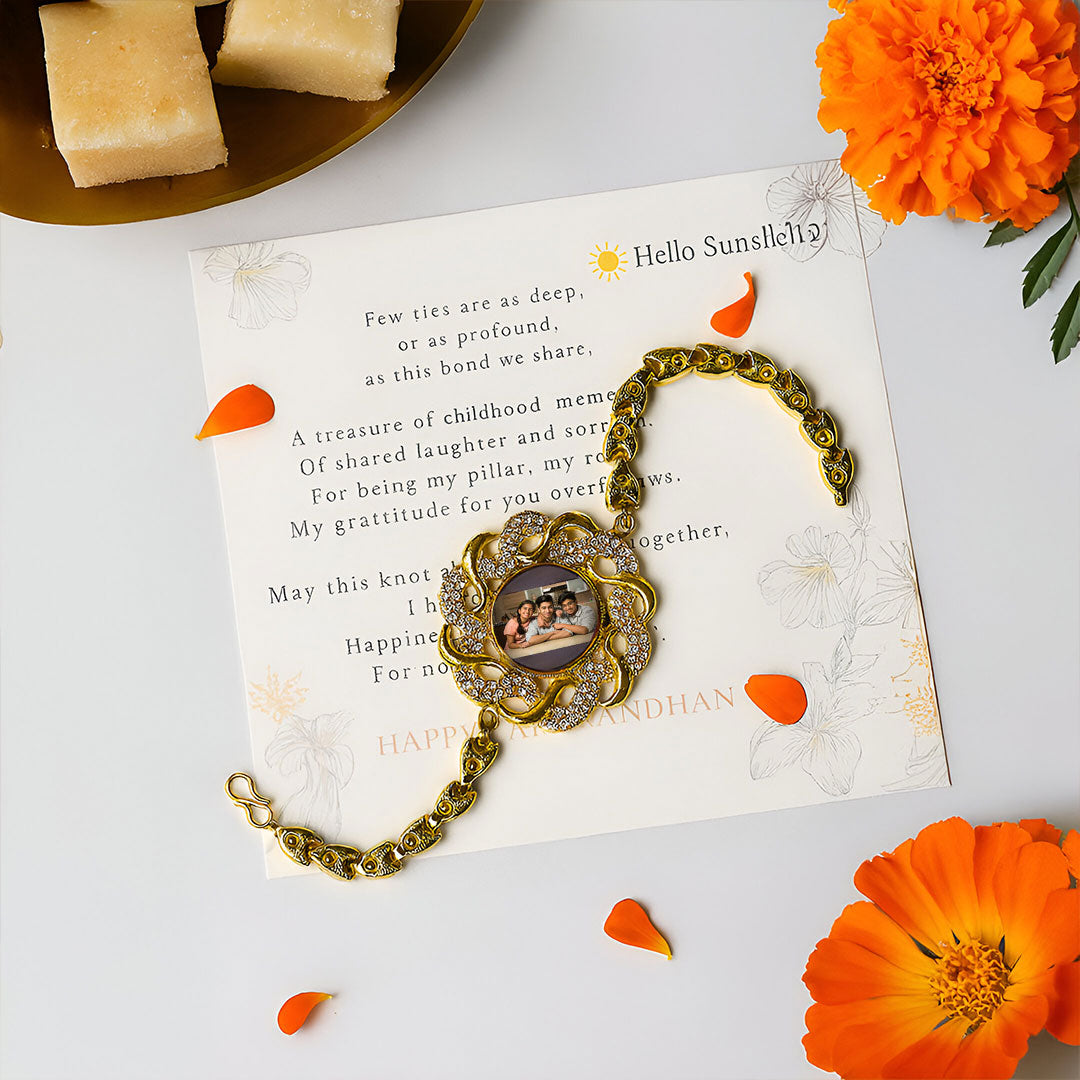 Custom Brother Photo Rakhi Gold Designer Rakhi with Crystal Border | Love Craft Gifts™