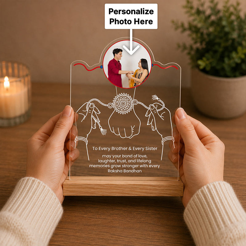 Custom Brother Sister Photo LED Lamp | Personalized Raksha Bandhan Acrylic Table Stand with Wooden Base | Love Craft Gifts™