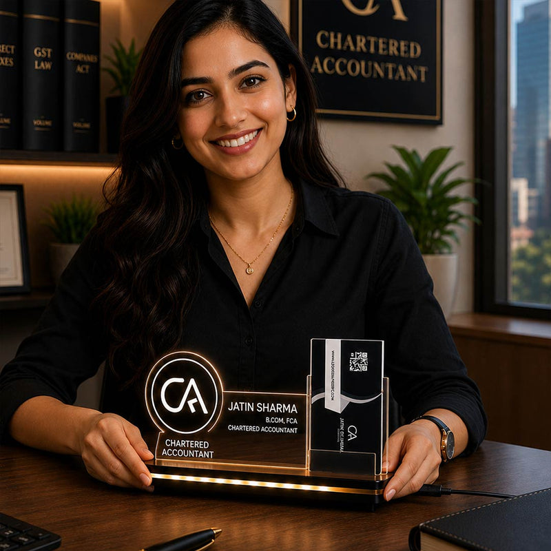 Personalized Chartered Accountant LED Acrylic Business Card Holder with Name | Custom CA Office Desk Name Plate with Card Stand 8 x 6 Inch | Professional Gift for CA, Tax Consultant & Finance Experts | Love Craft Gifts™